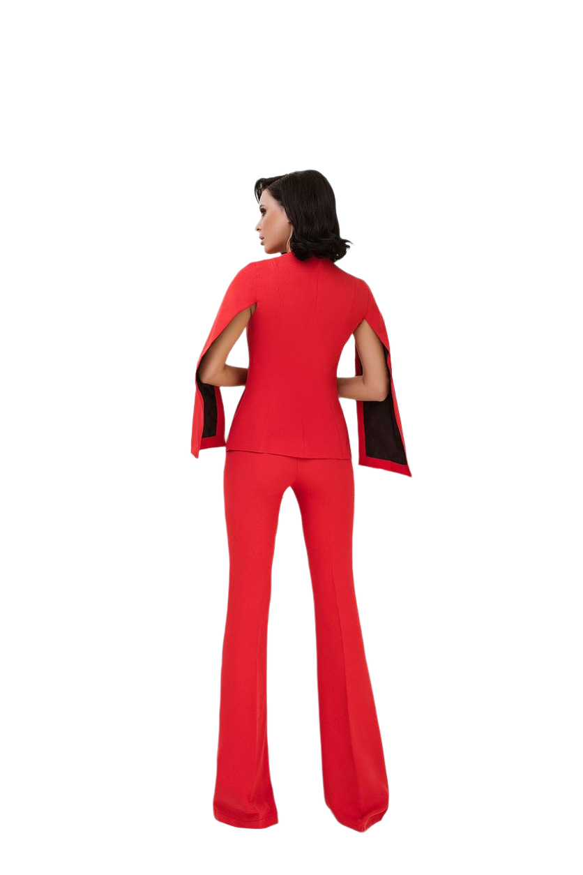 Person wearing a red outfit with black accents on a white background