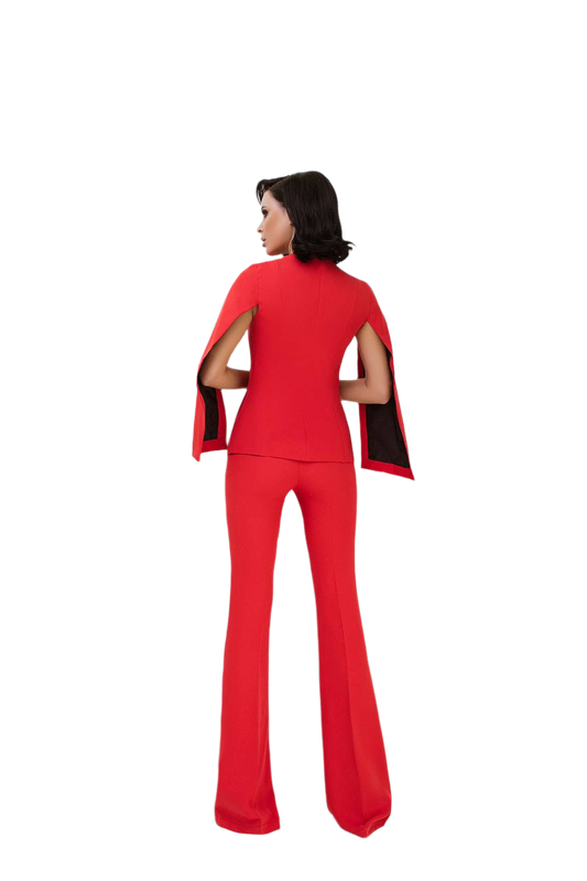 Person wearing a red outfit with black accents on a white background