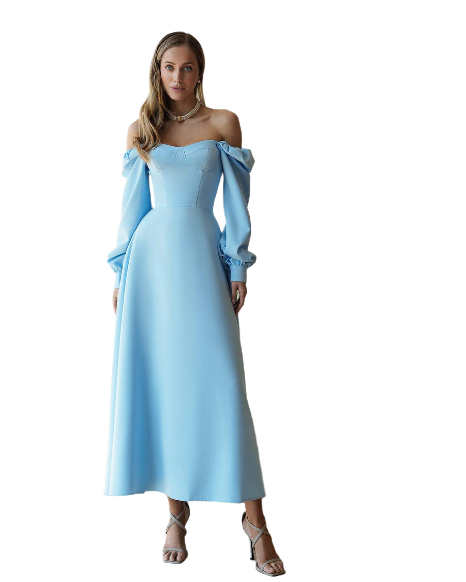 Light Blue Dress with Cups and Off-Shoulder Long Sleeves