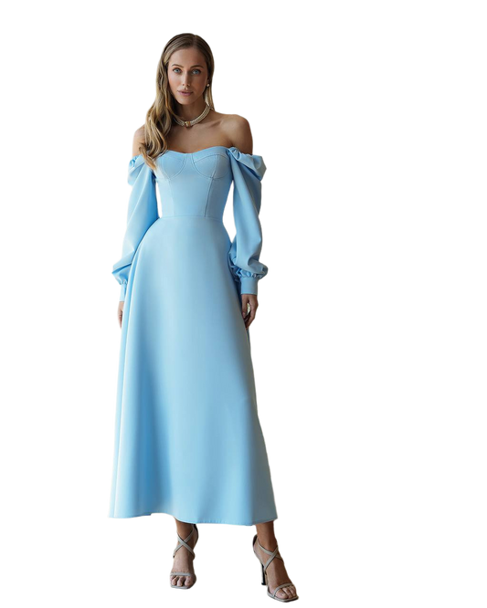 Light Blue Dress with Cups and Off-Shoulder Long Sleeves
