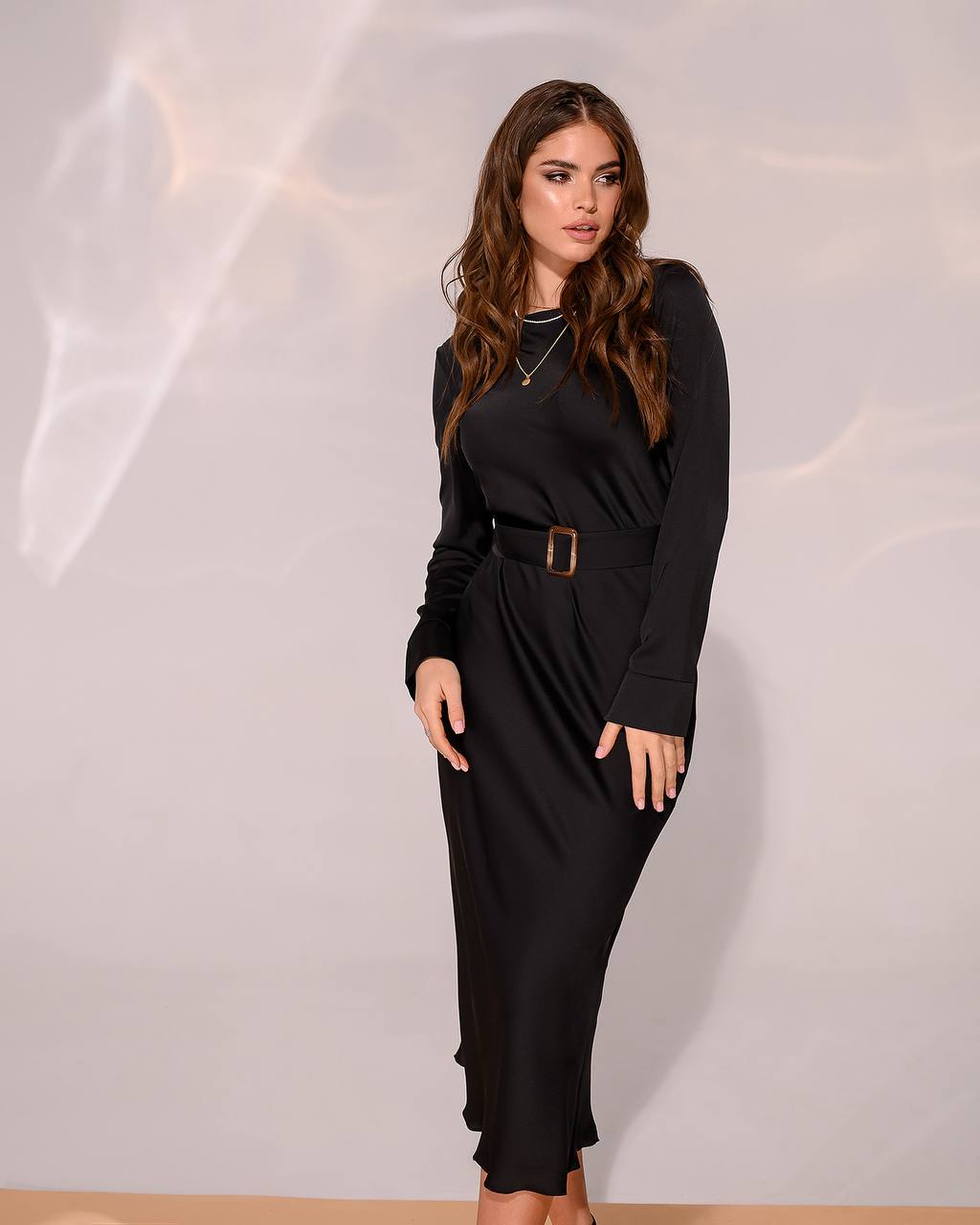 Elegant Black Silk Dress with Belt Long Sleeves Perfect for Formal Events