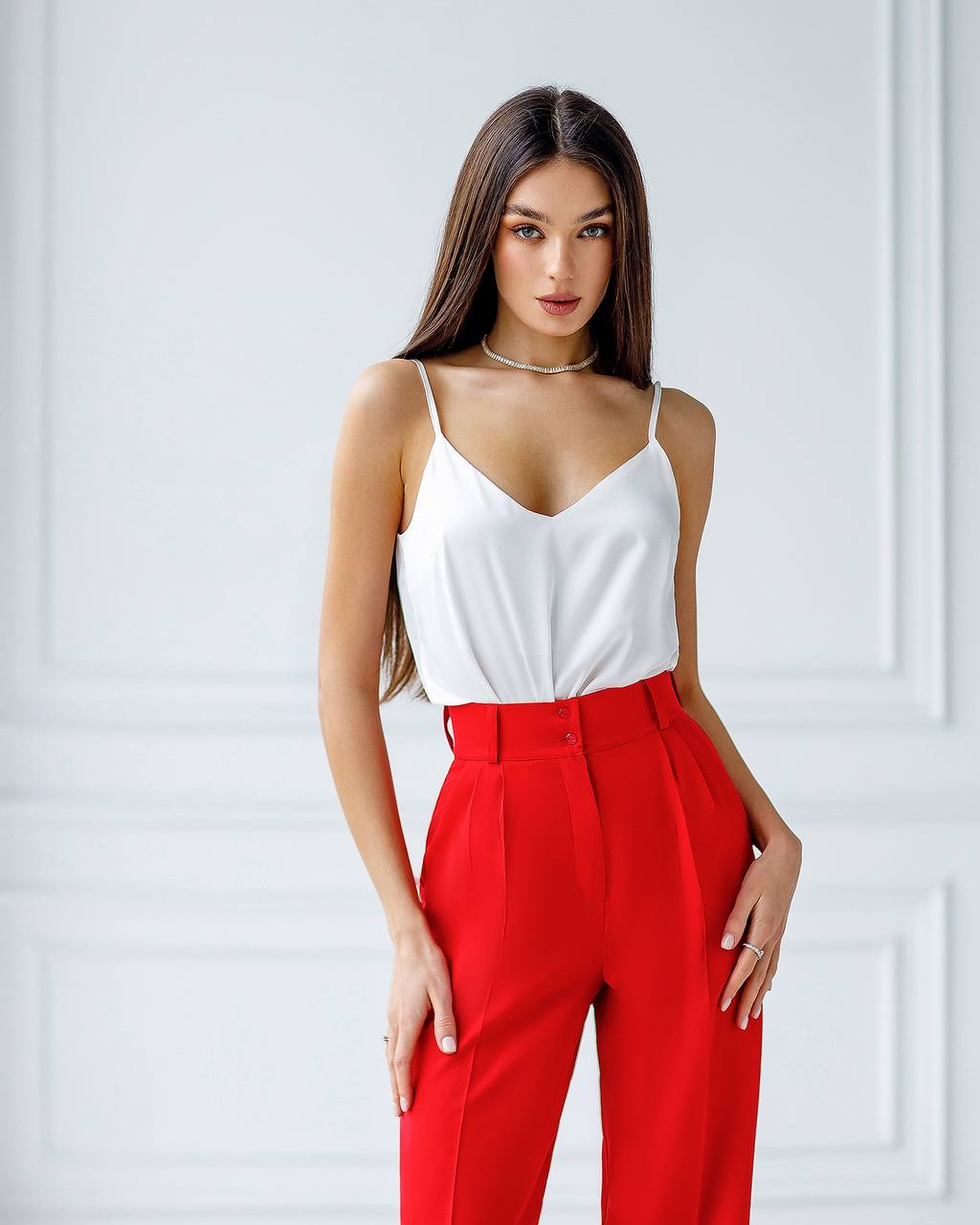 Women's High Waist Wide Leg Trousers in Suiting Crepe Diagonal Fabric