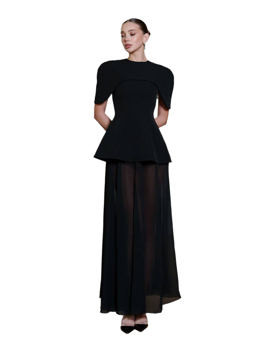 Elegant Corset Dress Set with Skirt and Cape in Premium Crepe and Chiffon