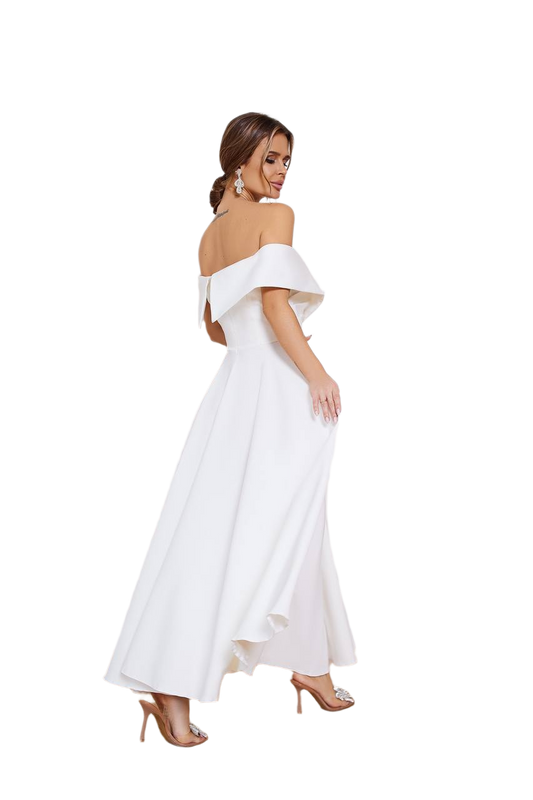 Woman wearing a white off-shoulder dress on a white background