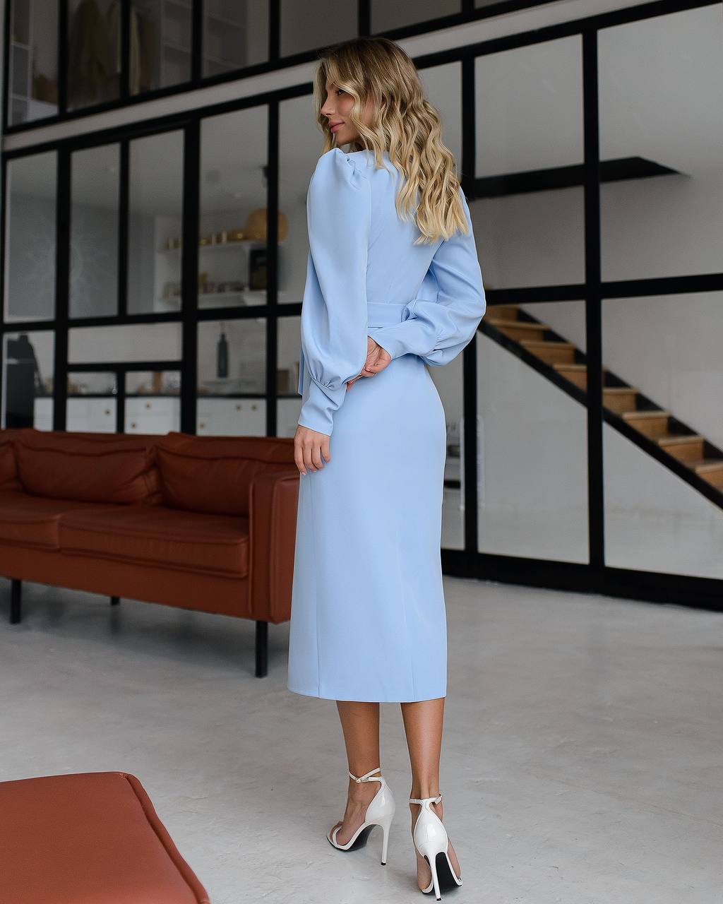Elegant Midi Dress with Puff Long Sleeves and Belt in Premium Suit Crepe