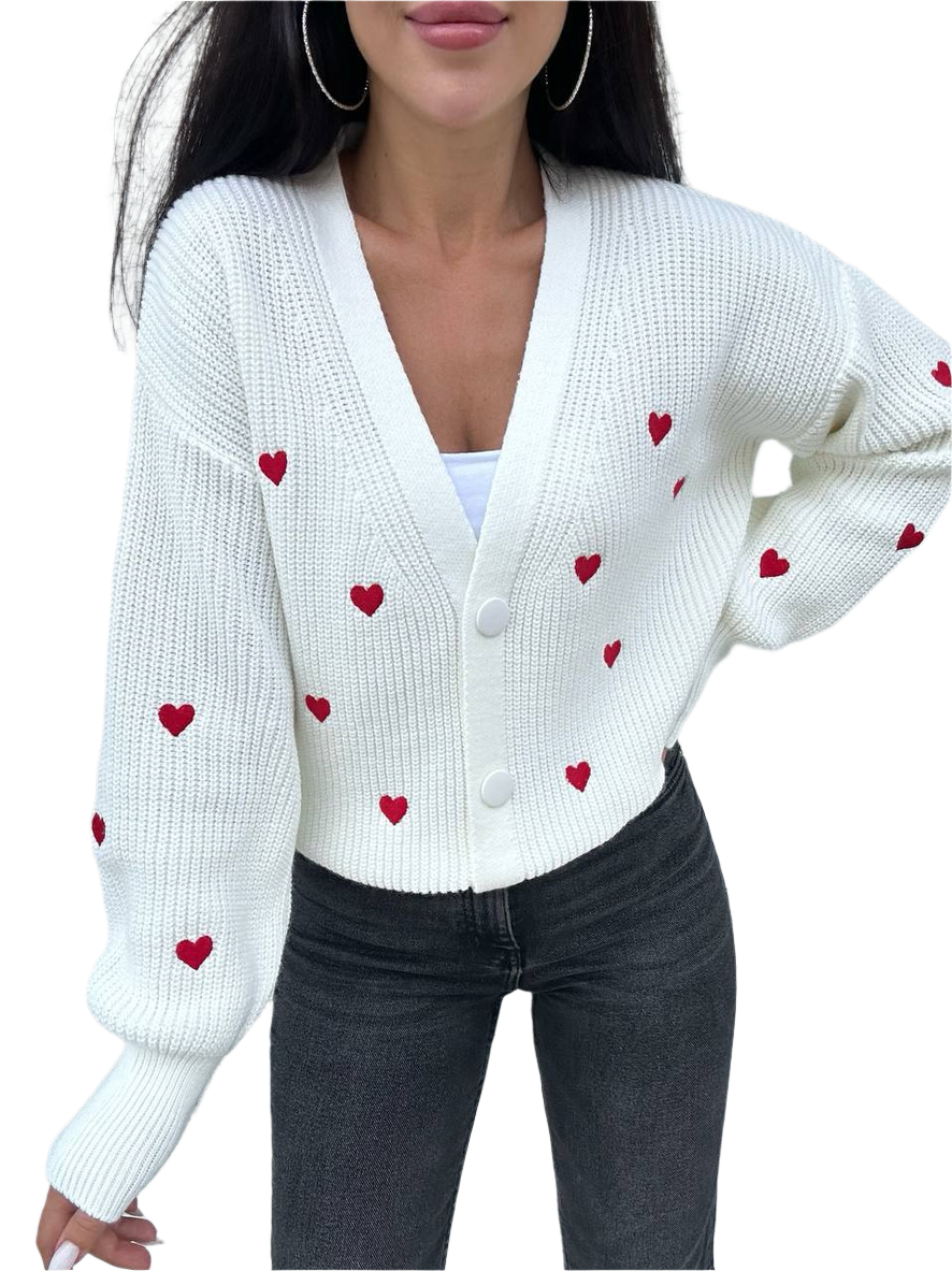 Womens Knitted Cardigan with Red Heart Pattern
