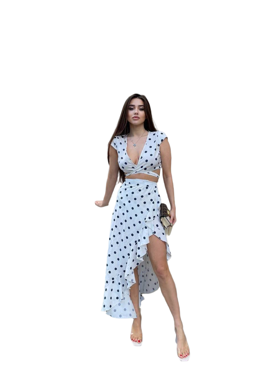 Polka Dot Summer Suit for Women Crop Top and Wrap Skirt Set