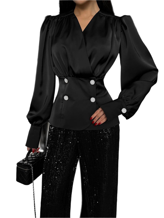 Elegant Black Satin Women's Shirt with Button Detail