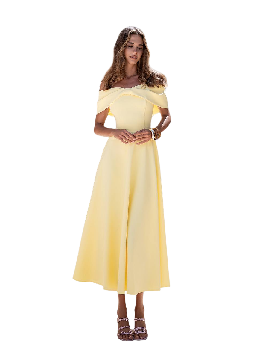 Elegant Off Shoulder Yellow Dress in Premium Suit Cream Diagonal Fabric