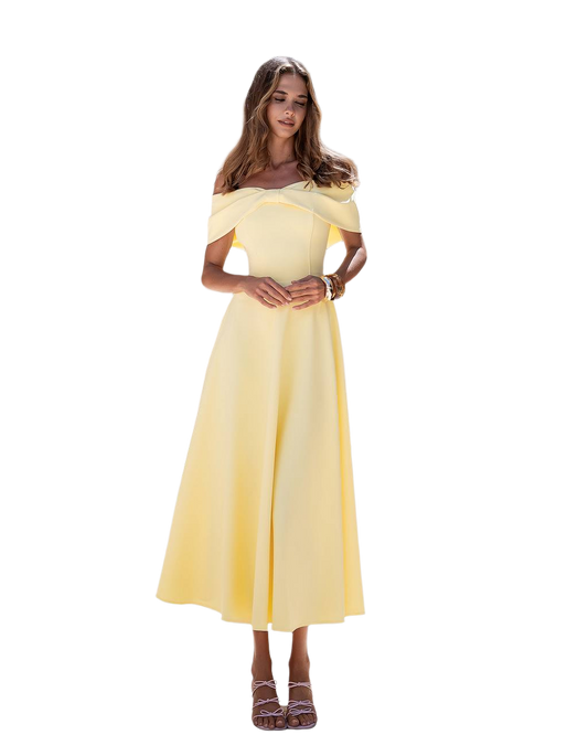 Elegant Off Shoulder Yellow Dress in Premium Suit Cream Diagonal Fabric