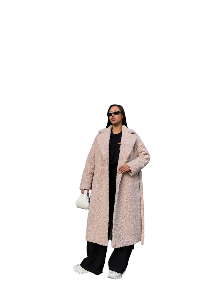 Person wearing a long pink coat on a white background