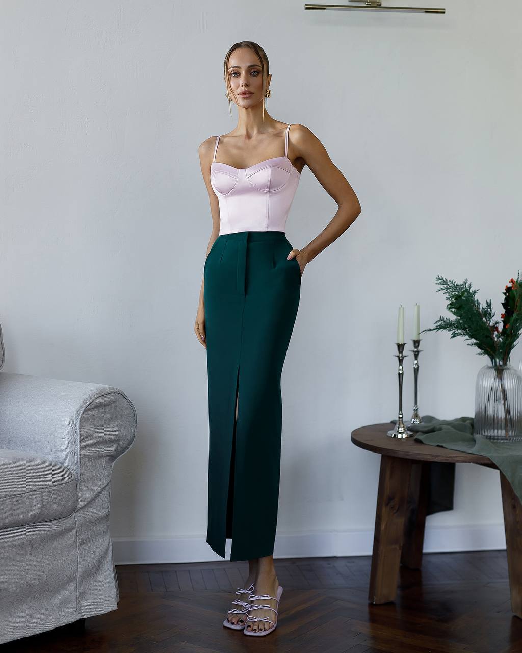 Women Elegant Midi Skirt with Front Slit in Emerald Green