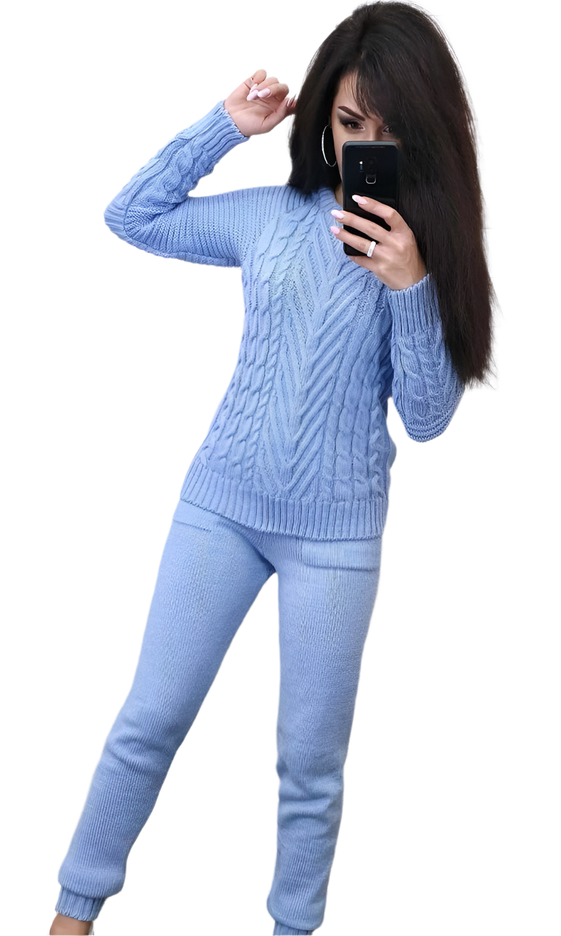 Womens Warm Blue Knitted Wool Acrylic Suit