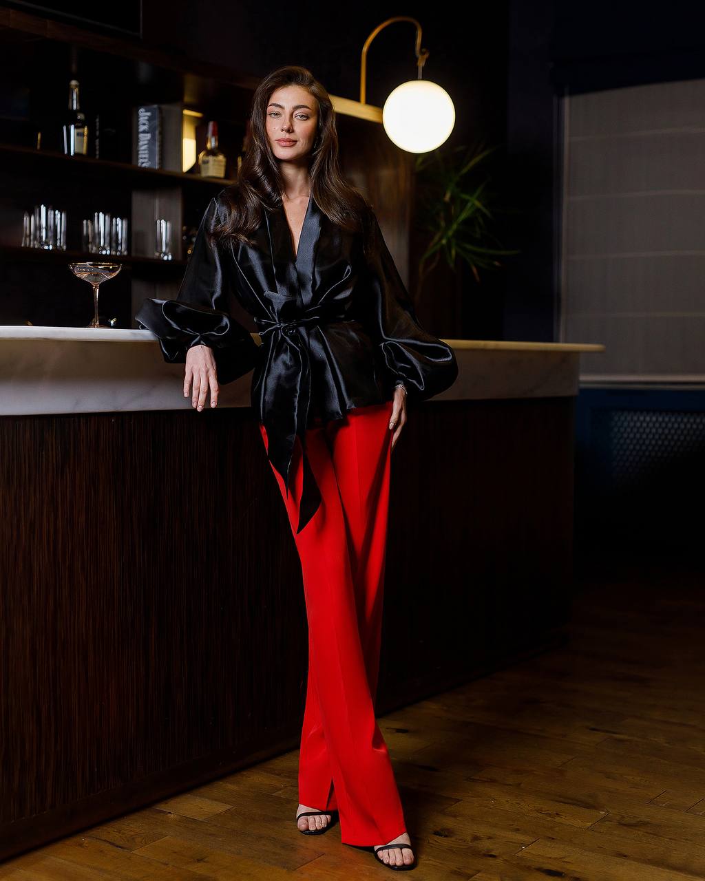 Women's High Waist Wide Leg Trousers in Suiting Crepe Diagonal Fabric