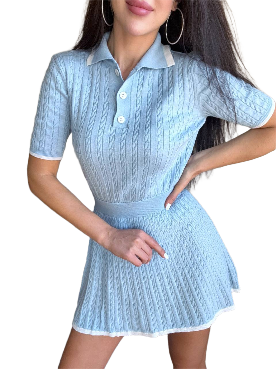 Adelin Light Blue Cotton Blend Knitted Women Suit