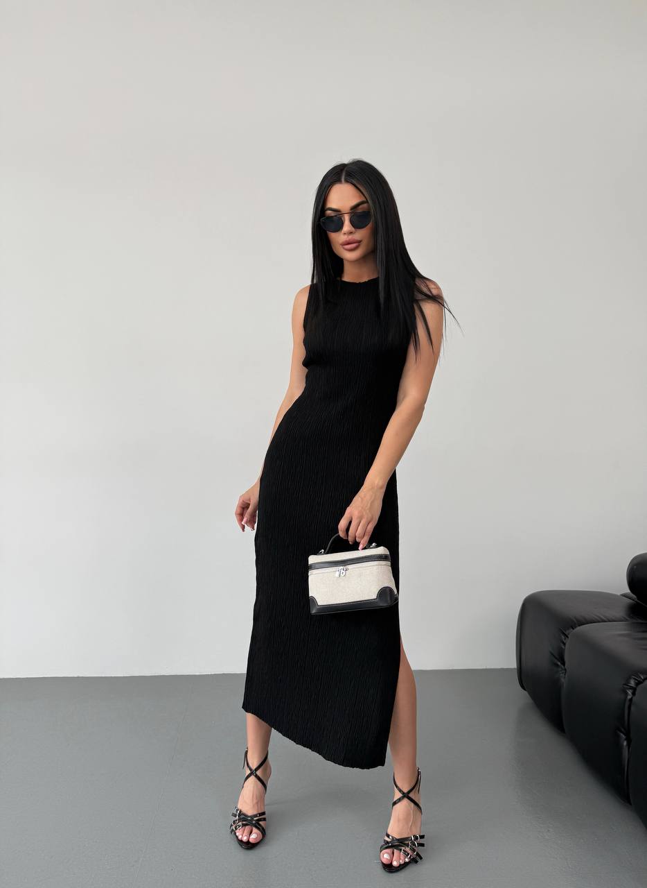 Greta Black Sleeveless Midi Dress with Side Slit for Women