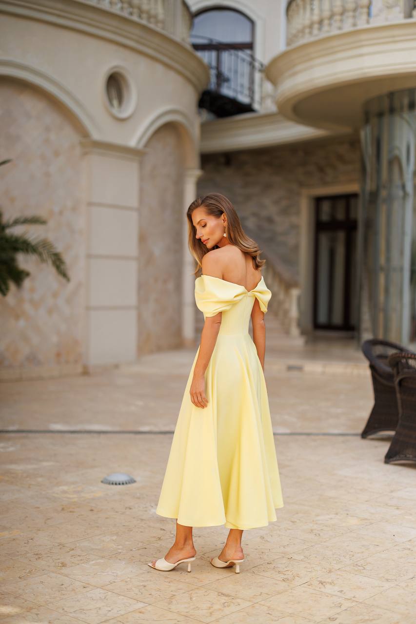 Elegant Off-Shoulder Yellow Diagonal Crepe Dress for Women