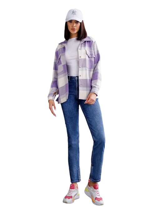 Person wearing a purple and white plaid shirt, white t-shirt, blue jeans, and a white cap on a white background