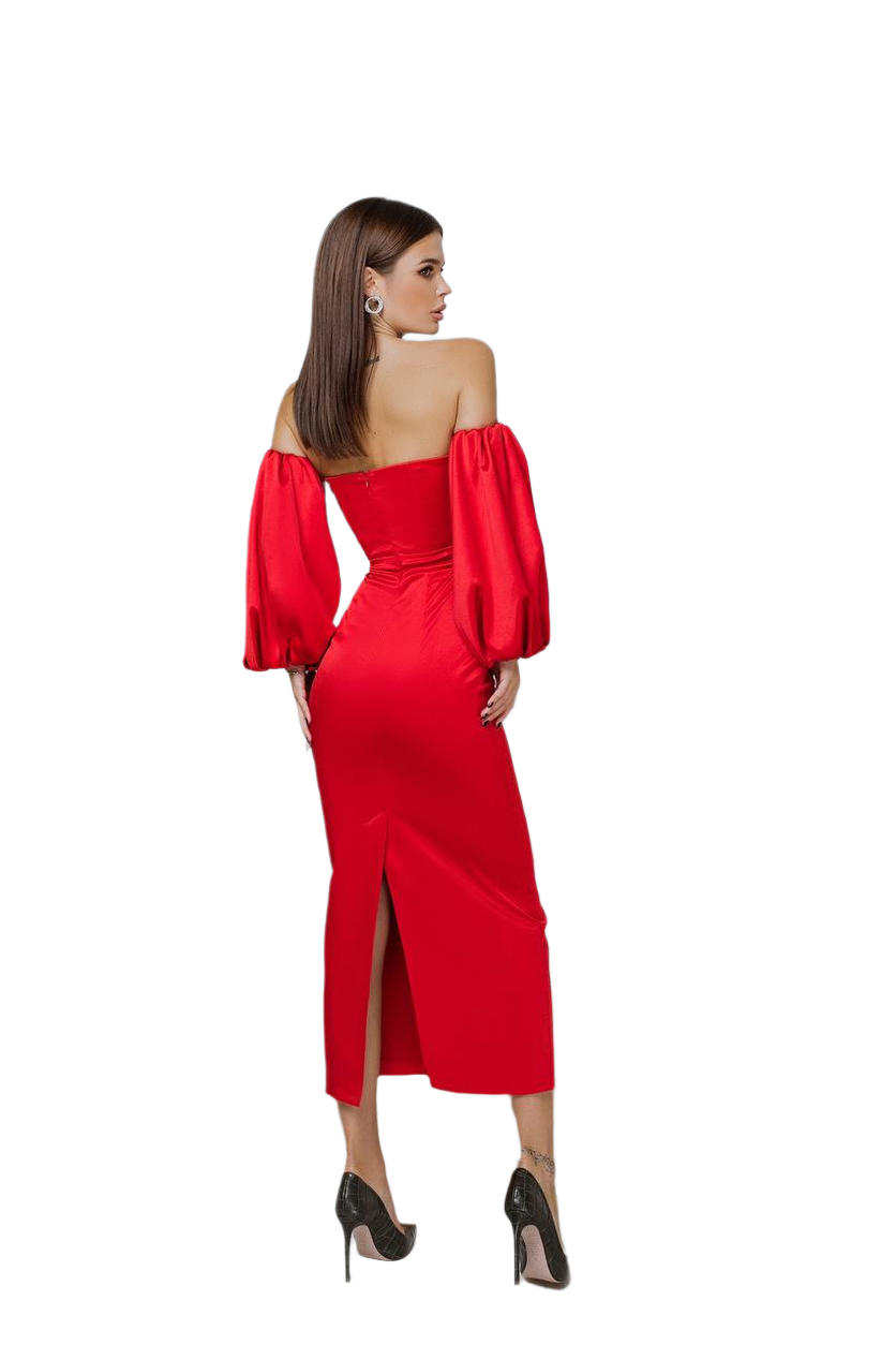 Woman wearing a red off-shoulder dress with puffed sleeves on a white background