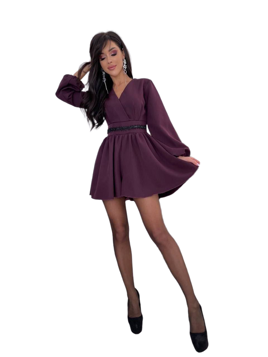 Elegant Women's Suiting Fabric Overall with Sewn Belt Decoration and Hidden Back Zipper