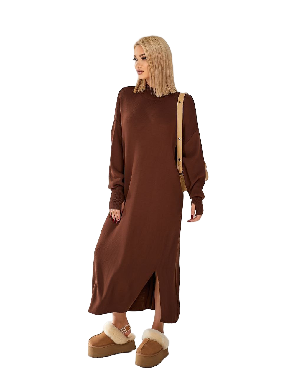 Brown Oversized Knit Maxi Dress with Thumbhole Sleeves and Side Slit
