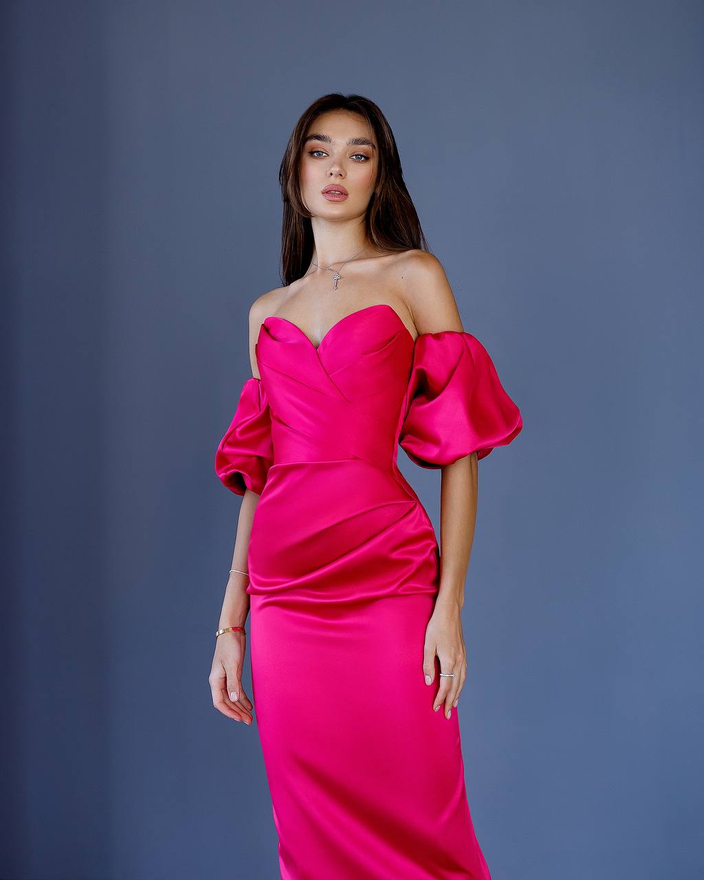 Midi Corset Dress in Satin with Off-Shoulder Puff Sleeves