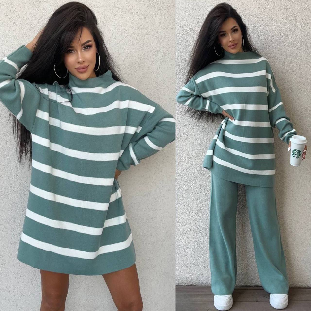 Woman wearing a green and white striped outfit against a neutral background