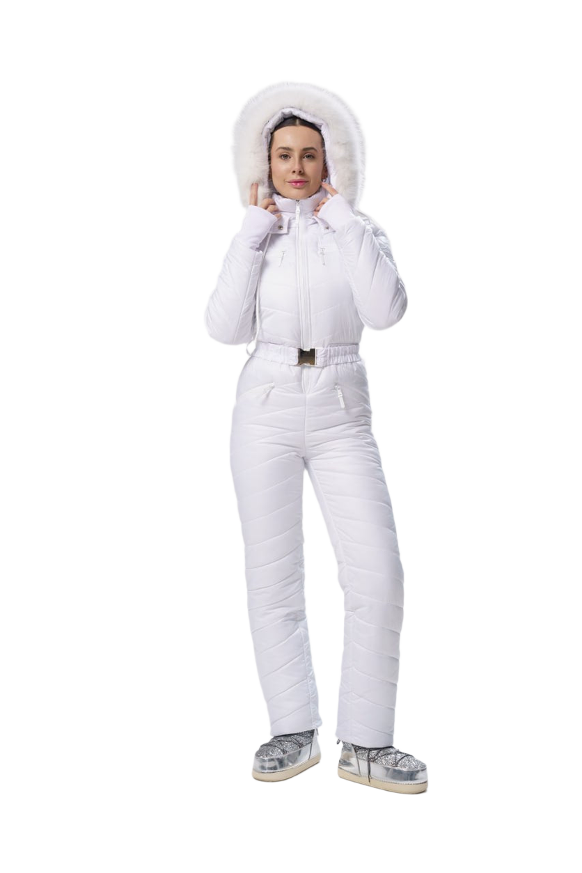 Womens Insulated Ski Jumpsuit with Natural Fox Fur Hood Water-Repellent Snow White