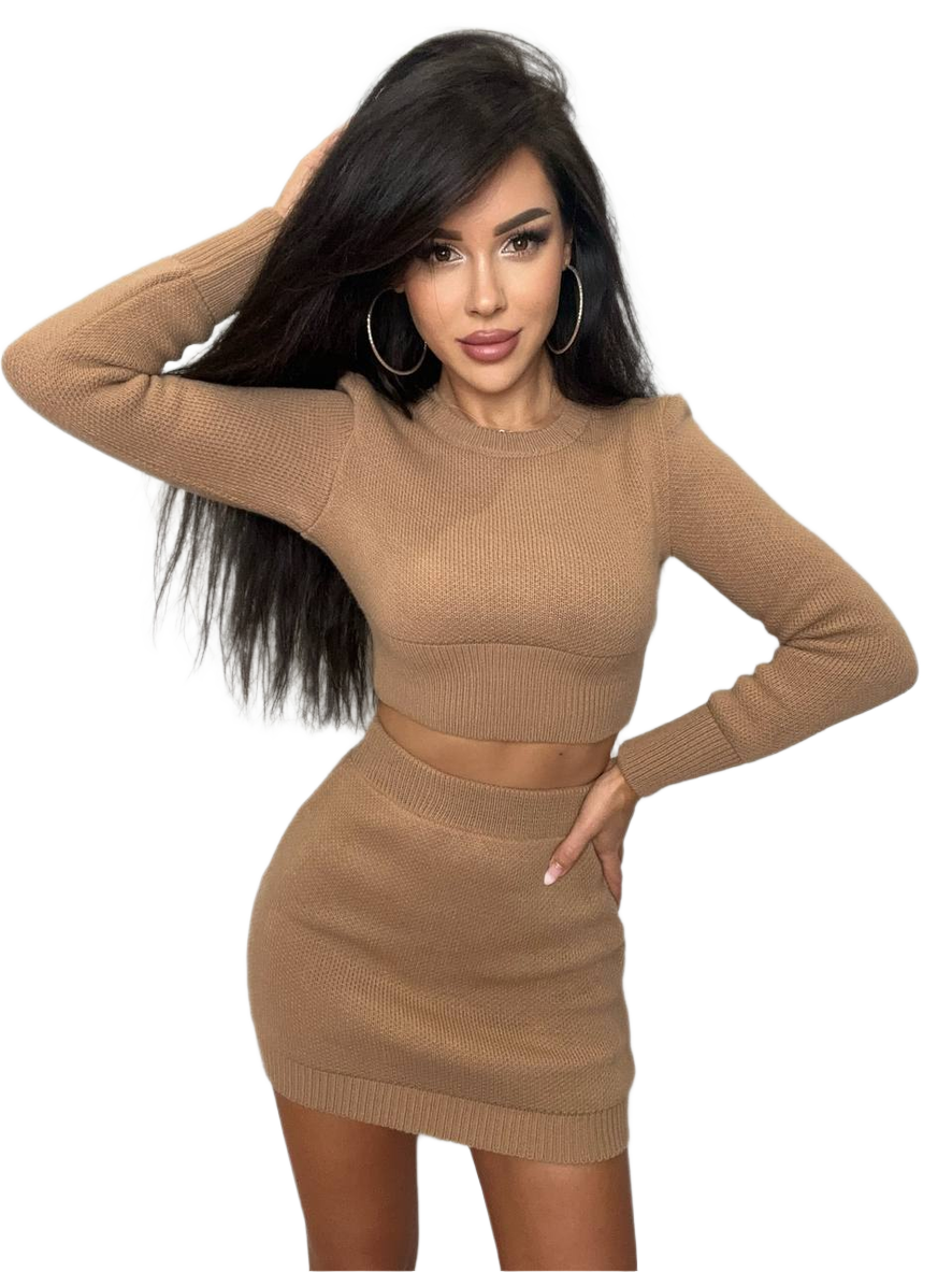 Mini Two-Piece Knit Suit for Women with Long Sleeve Crop Top and Skirt