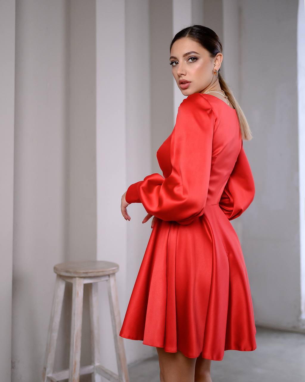 Royal Mango Satin Mini Dress with Puff Sleeves for Women