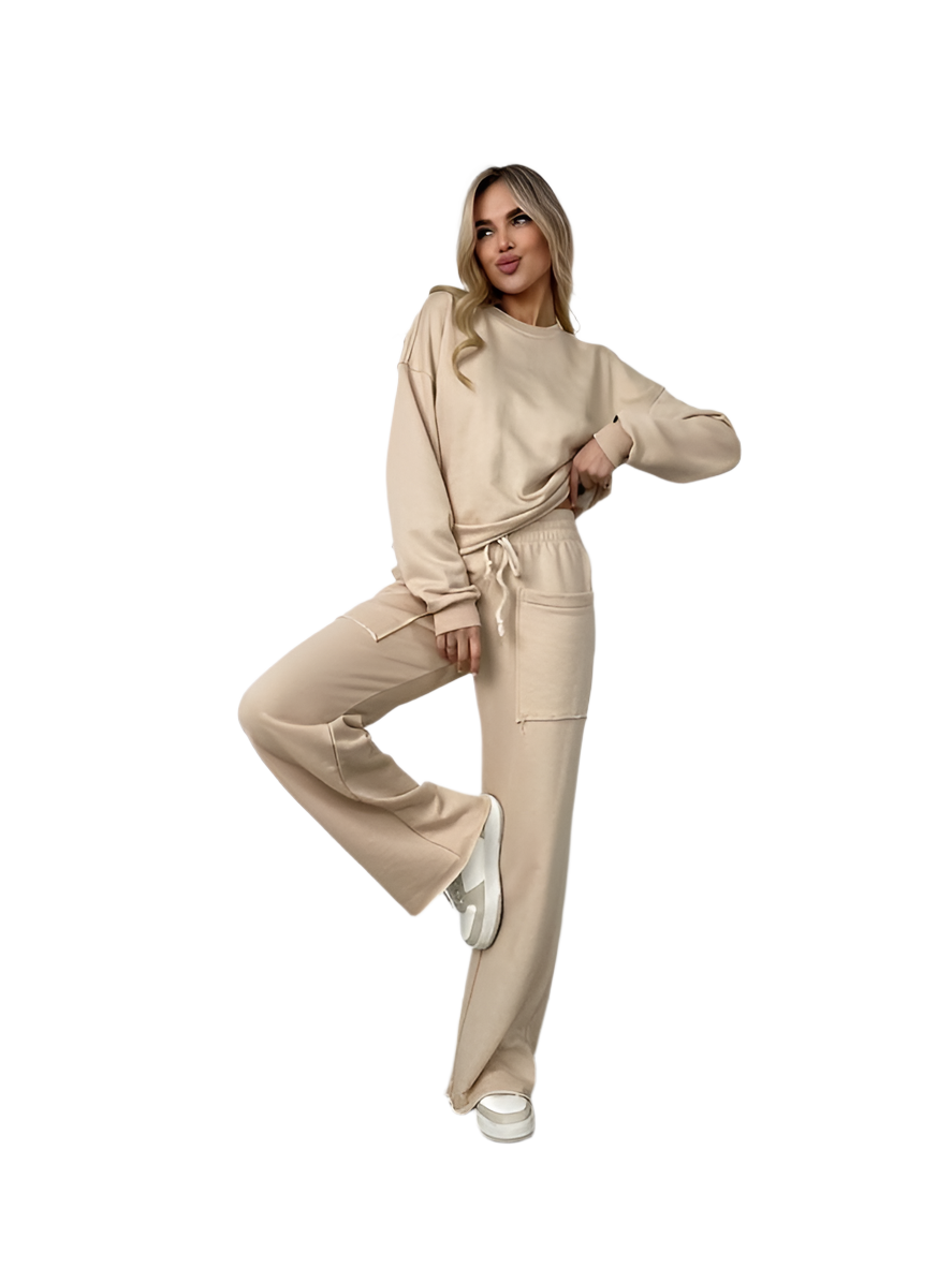 Beige Casual Sweatshirt and High-Waist Pants Set for Women