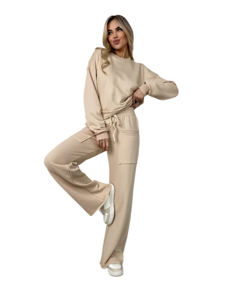 Beige Casual Sweatshirt and High-Waist Pants Set for Women