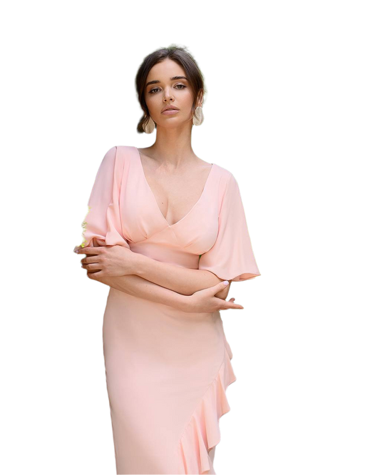 Woman wearing a light pink dress on a white background