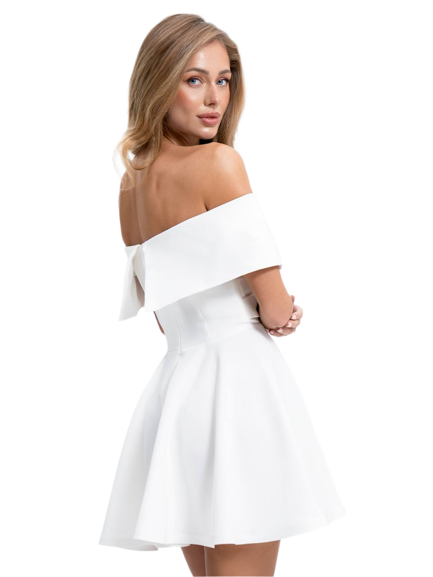 Woman wearing a white off-shoulder dress on a white background