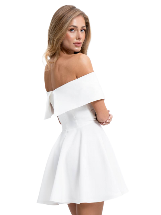 Woman wearing a white off-shoulder dress on a white background