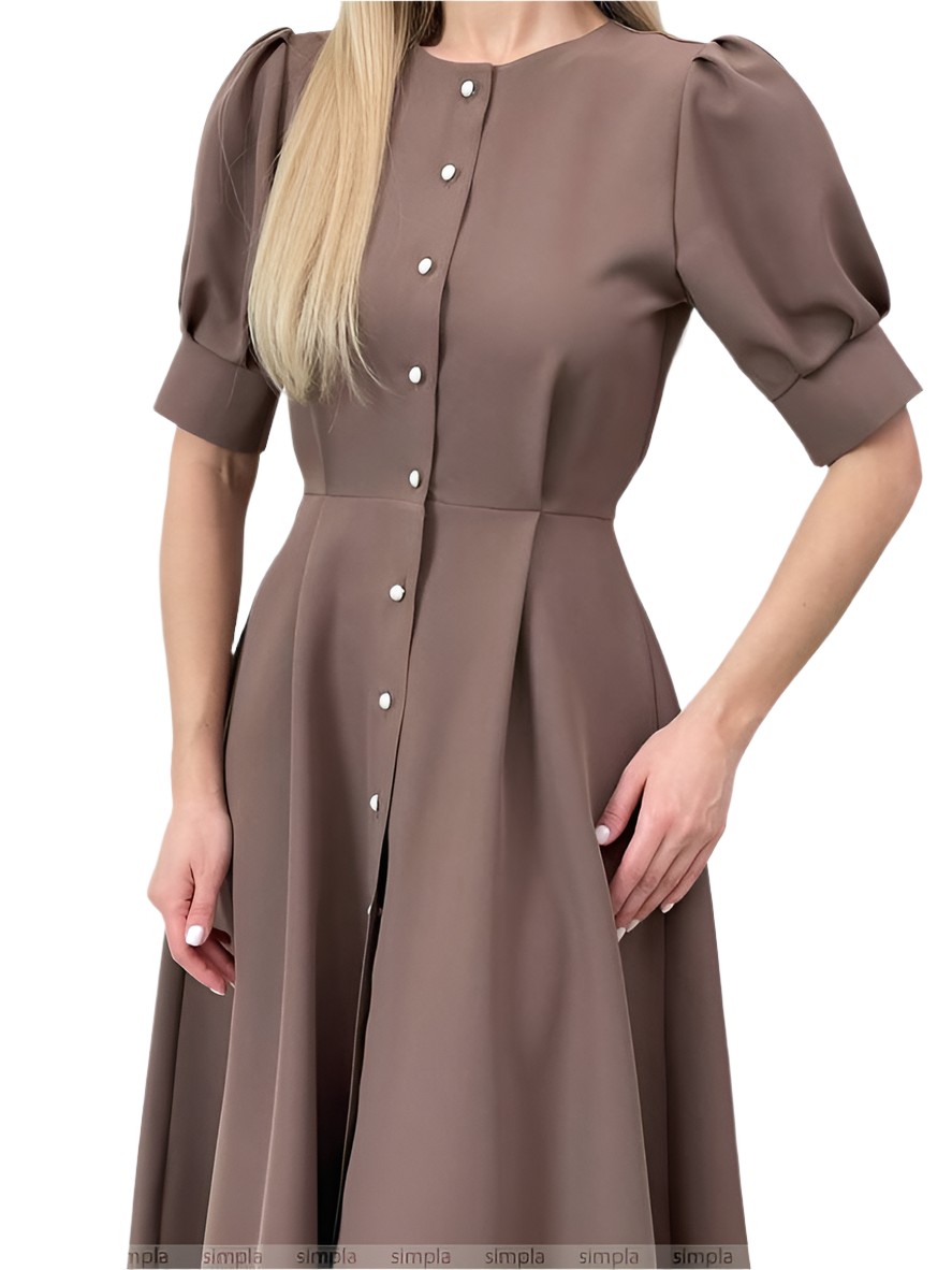 Elegant Brown Midi Dress with Puff Sleeves and Button Detail