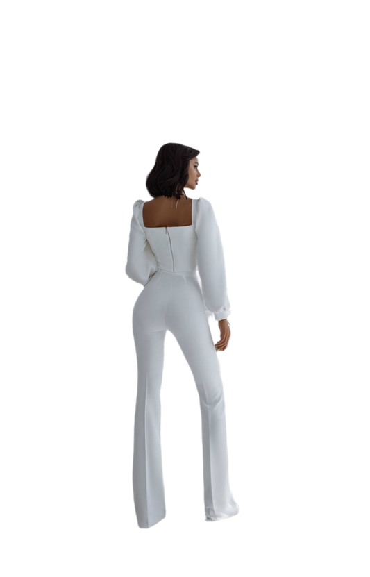 Woman wearing a white outfit on a white background