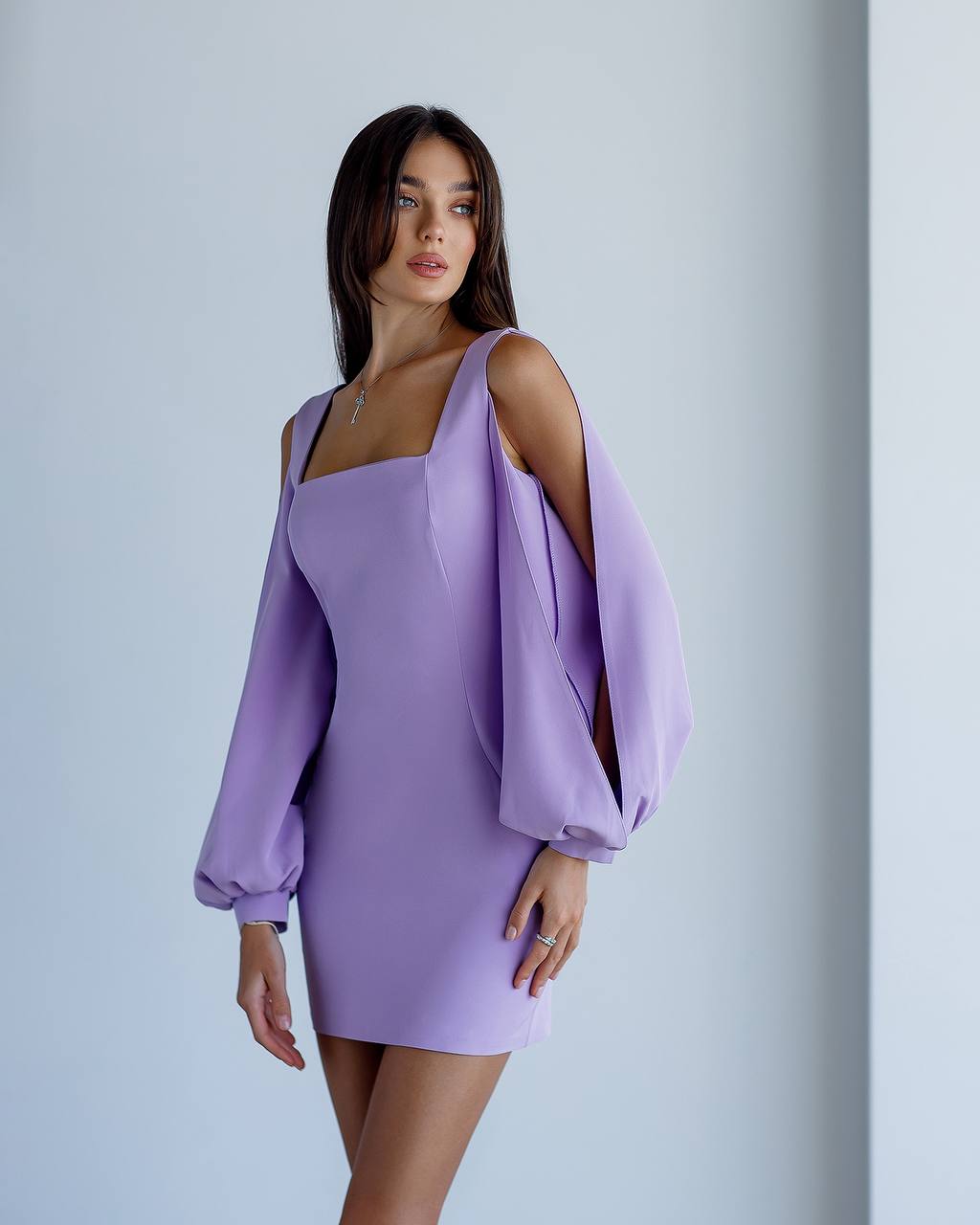Womens Mini Dress Premium Suit Diagonal Crepe Lavender