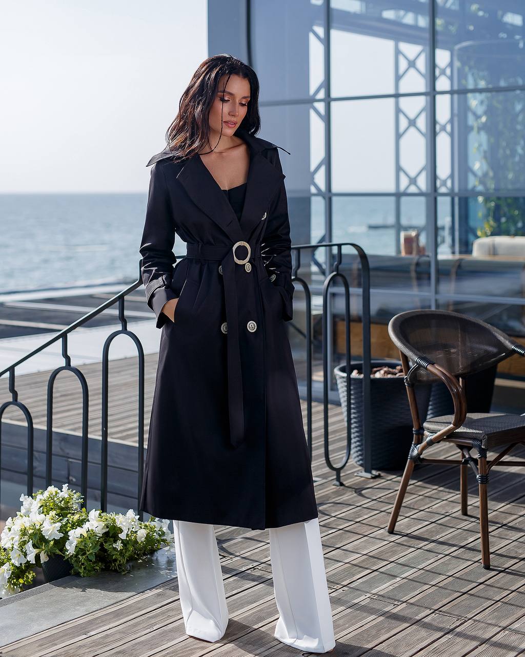 Stylish Black Trench Coat for Women with Belt and Pockets