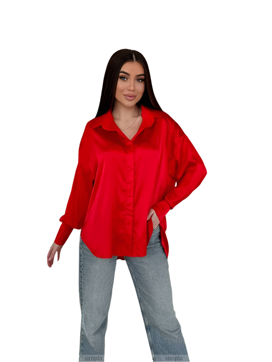 Elegant Red Satin Shirt with Hidden Buttons for Women