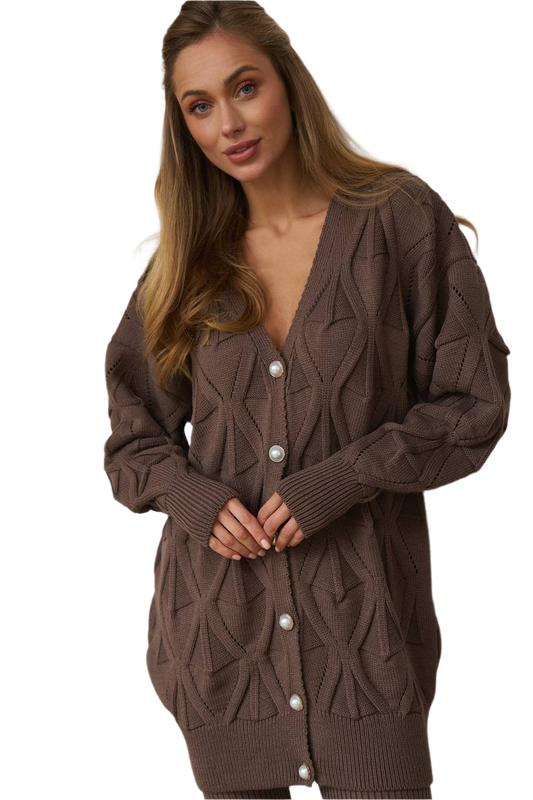 Womens Brown Knit Cardigan Santa Style Oversized Button Up Sweater