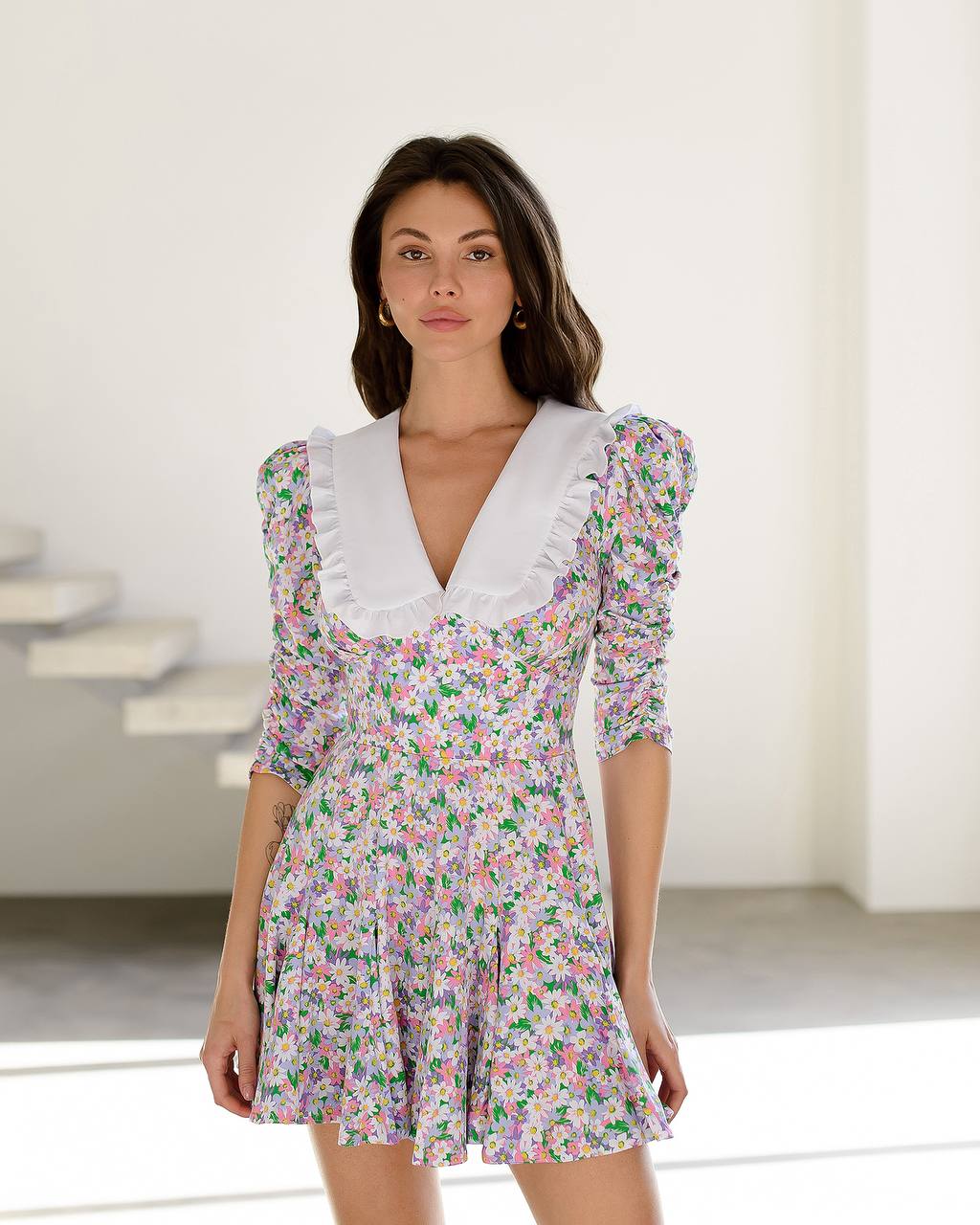 Women Floral Print Dress with White Cotton Collar