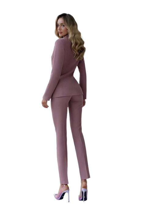 Woman wearing a mauve suit on a white background