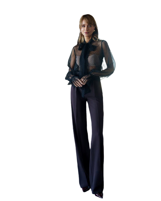 Person wearing a black sheer top and black pants on a white background