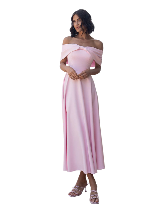 Elegant Off Shoulder Midi Dress for Women in Premium Suit Cream Diagonal Fabric