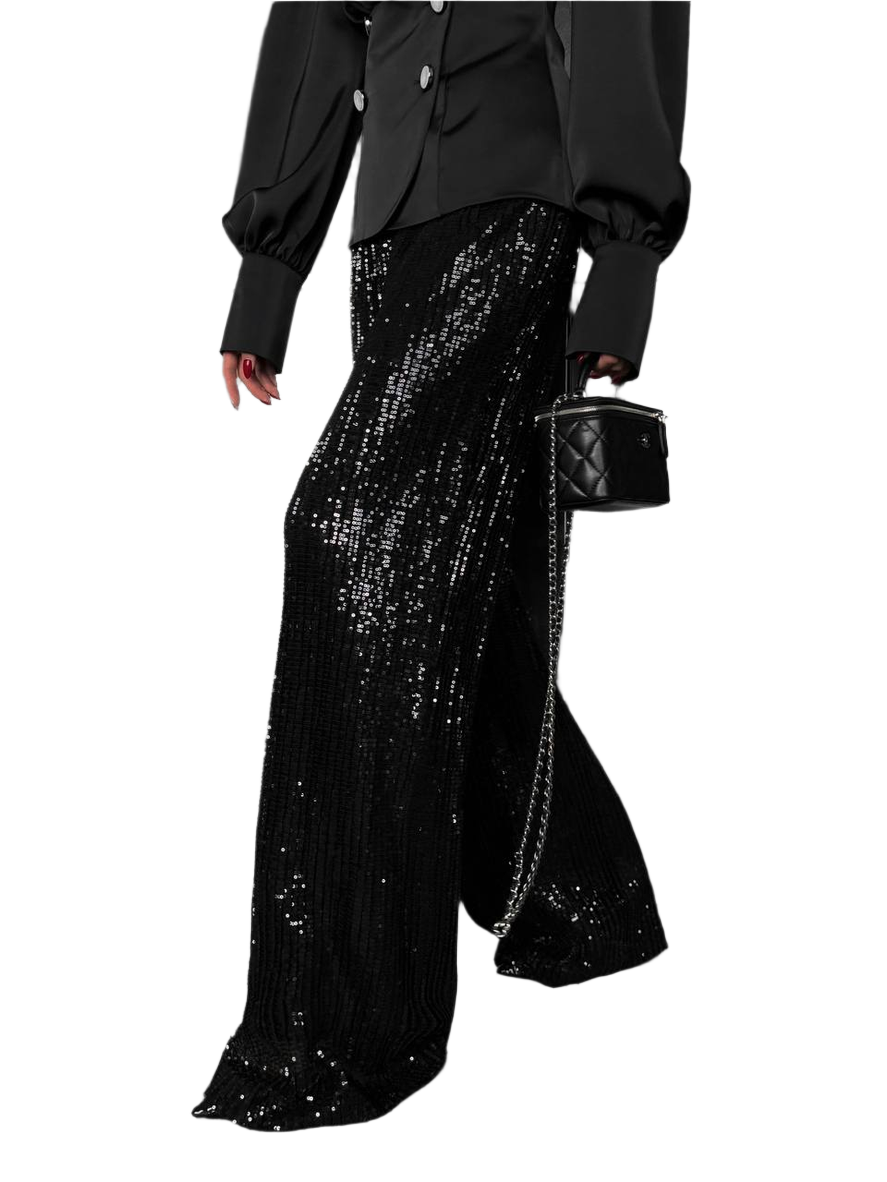 Lux Black Mesh Shine Pants with Sequin Embellishments for Women