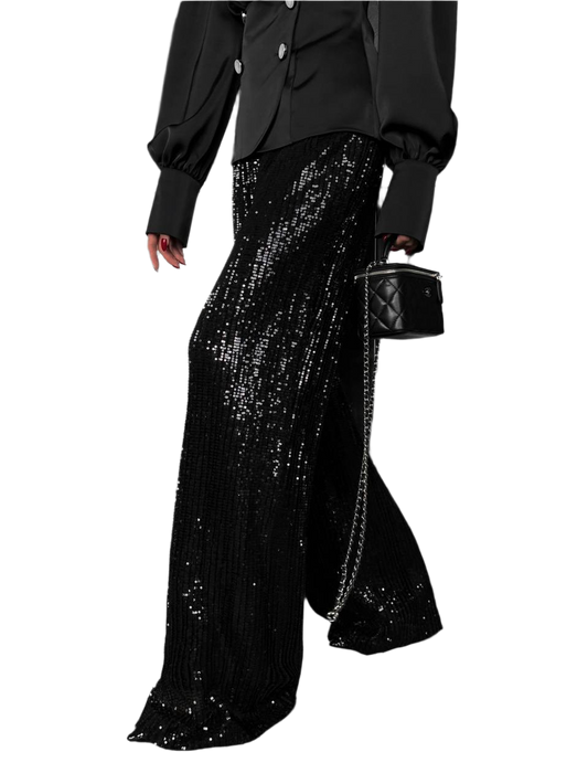 Lux Black Mesh Shine Pants with Sequin Embellishments for Women