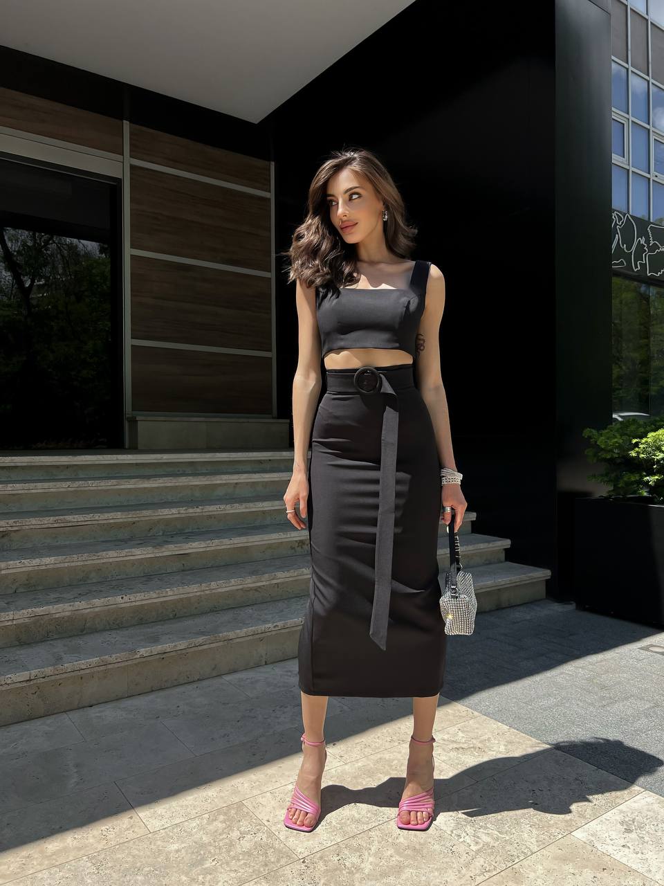 Women Pencil Skirt and Top Set Diagonal Crepe Black