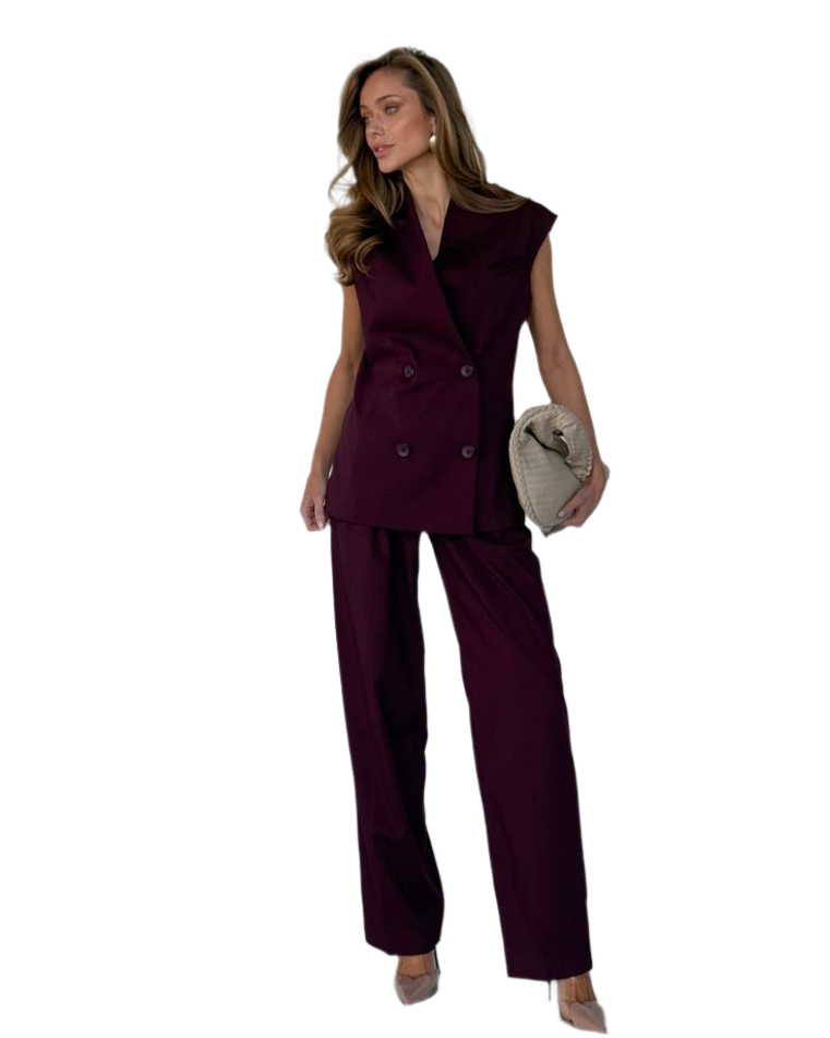 Womens Double Breasted Vest and High Waist Pants Suit Set in Dark Burgundy