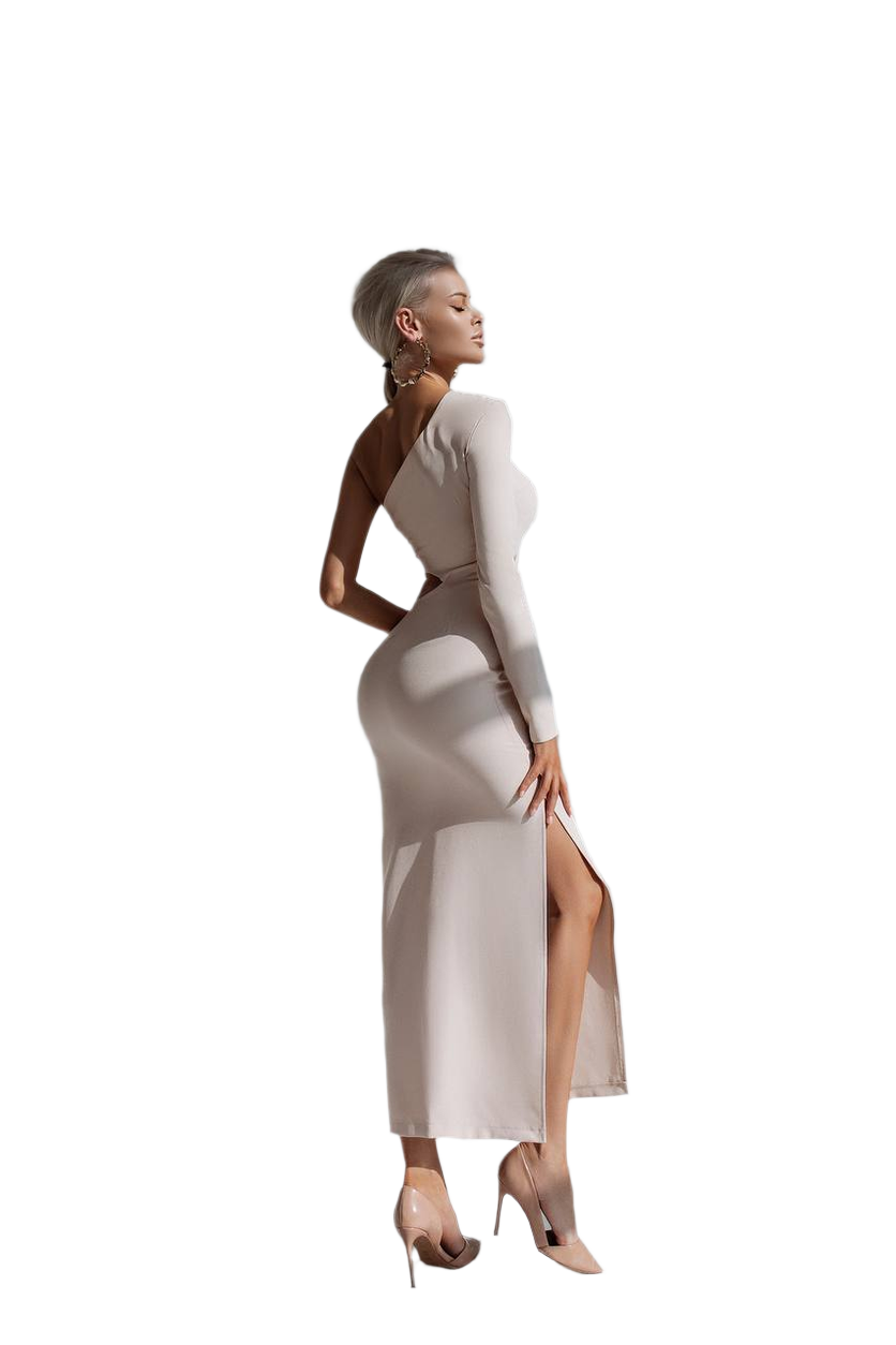 Woman wearing a white dress with a high slit on a white background